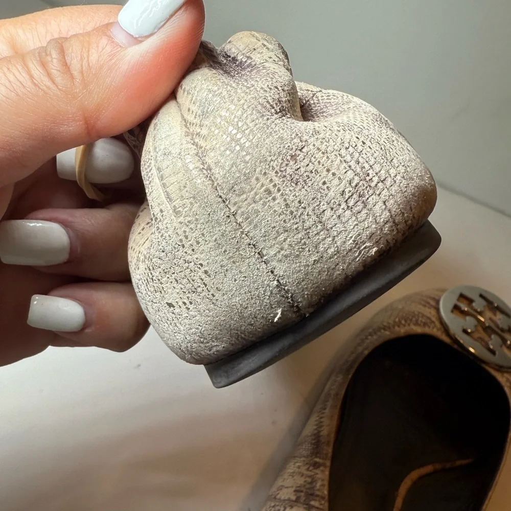 Tory Burch Snakeskin Brown Ivory Beige Leather Ballet Flats Shoes 8